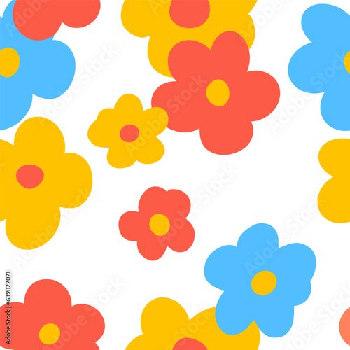 1970 Daisy Naive groovy seamless pattern. Fun colorful Doodle Bright background. Contemporary trendy backgrounds for kids. Scandinavian nursery print