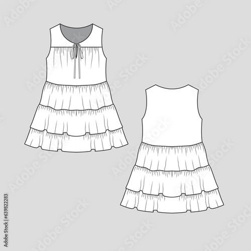 Women tie knot dress front pleat with layered ruffles mock up Cad Flat Sketch technical drawing template design vector