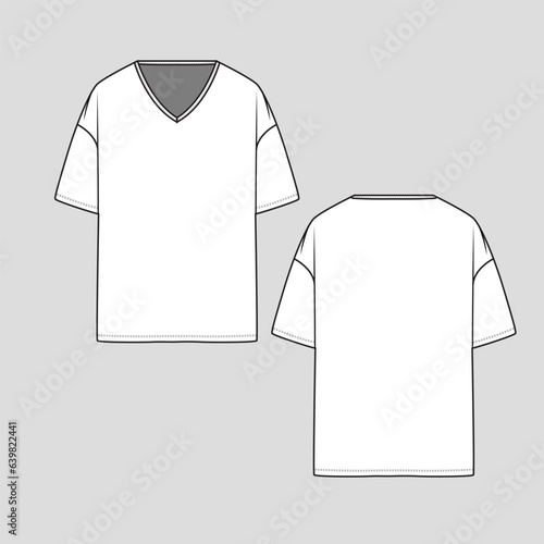 Drop Shoulder v neck t shirt top blouse Unisex short sleeve cad mock up Flat Sketch technical drawing template design vector