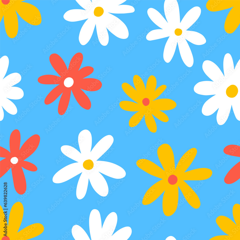 1970 Daisy Naive groovy seamless pattern. Fun colorful Doodle Bright background. White flowers on blue. Contemporary trendy backgrounds for kids. Scandinavian nursery print 1970 Daisy Naive groovy seamless pattern. Fun colorful Doodle Bright background. White flowers on blue. Contemporary trendy backgrounds for kids. Scandinavian nursery print