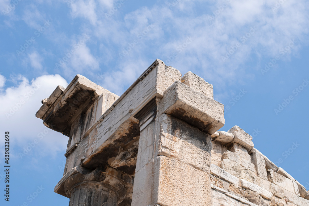 Ruin architectural details in an ancient landmark in Athens, Greece