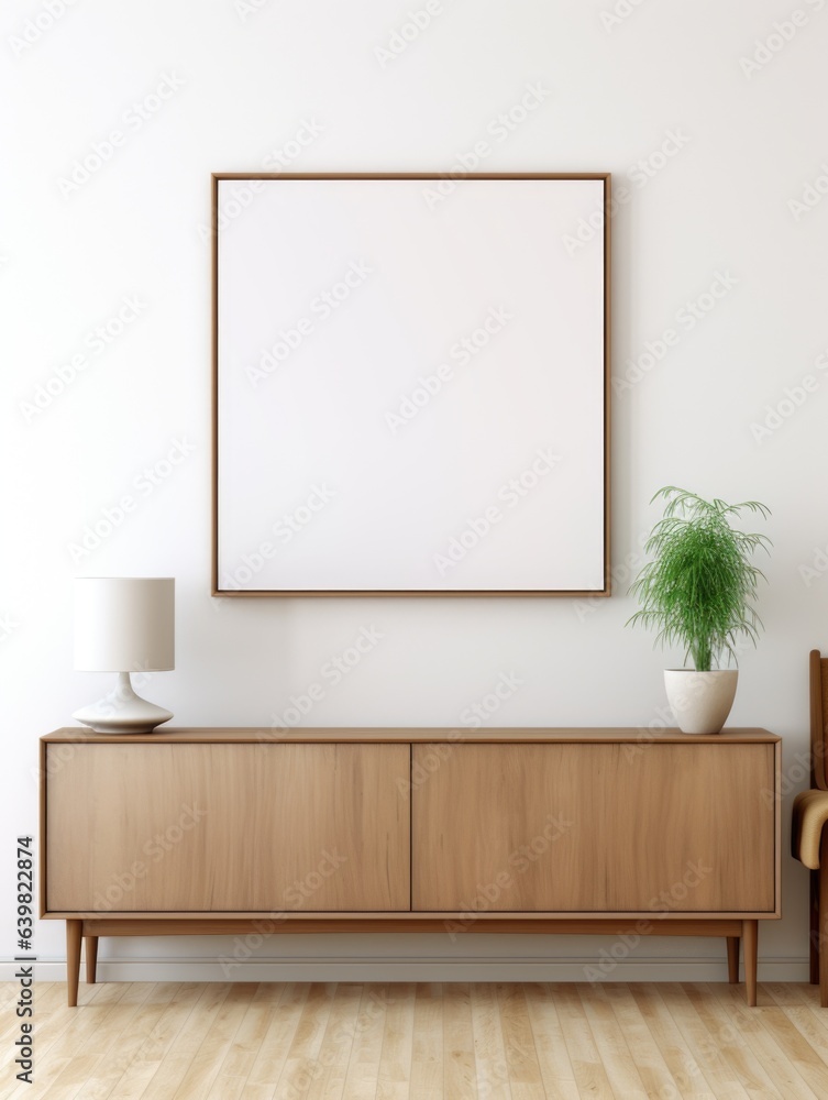 Interior of living room with sideboard over white wall with mock up poster frame. Home background design Interior of living room with sideboard over white wall with mock up poster frame. Home background design