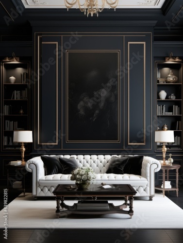 Neoclassical interior design of living room with black walls and tufted sofa