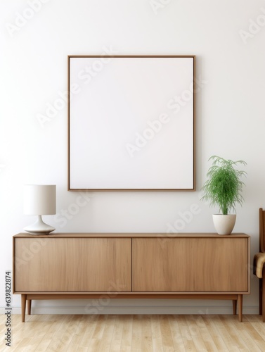 Interior of living room with sideboard over white wall with mock up poster frame. Home background design © Interior Design