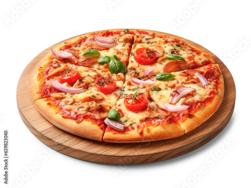 Delicious pizza on a round wooden board with a transparent background