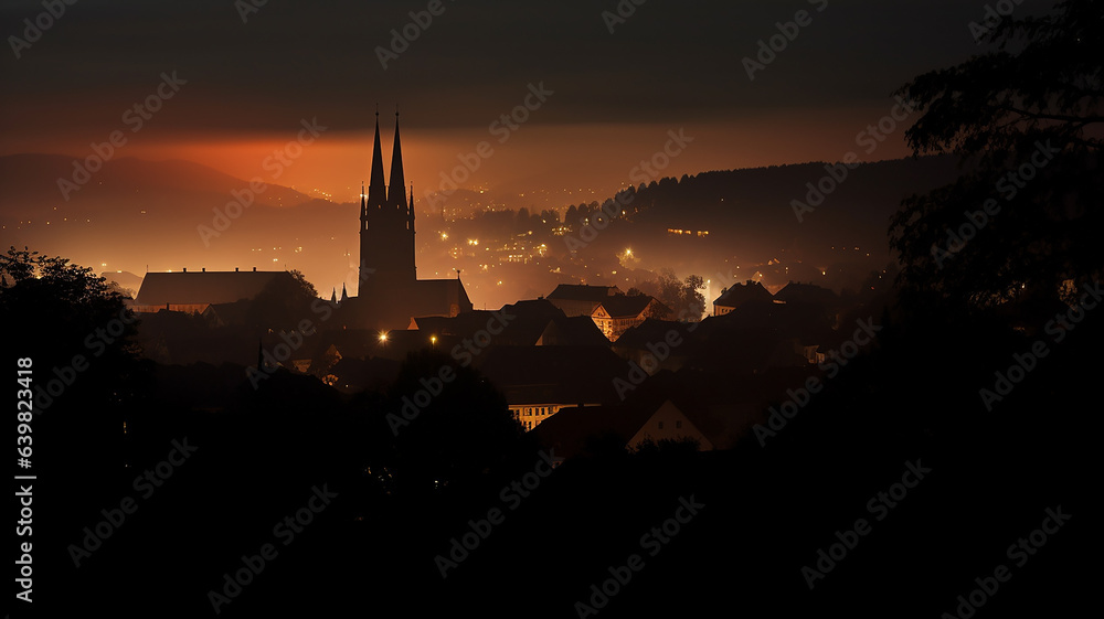 Naklejka premium church in the night fog in the European mountains landscape panoramic view