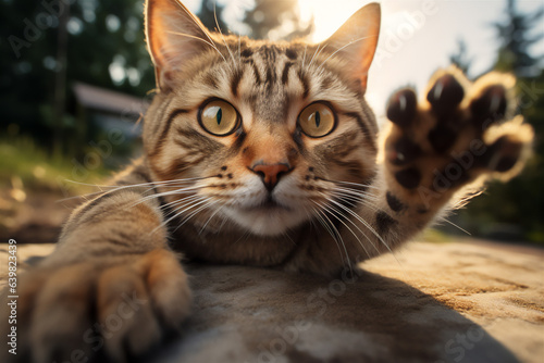 Cat Facing the Camera and Touching the Lens with Its Paw
