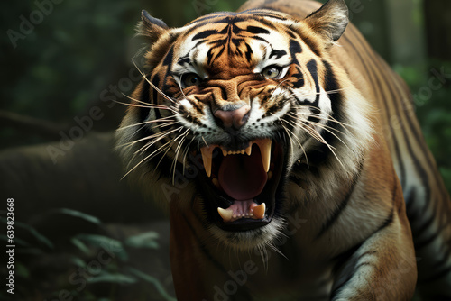 Close up of an angry tiger roaring towards the camera