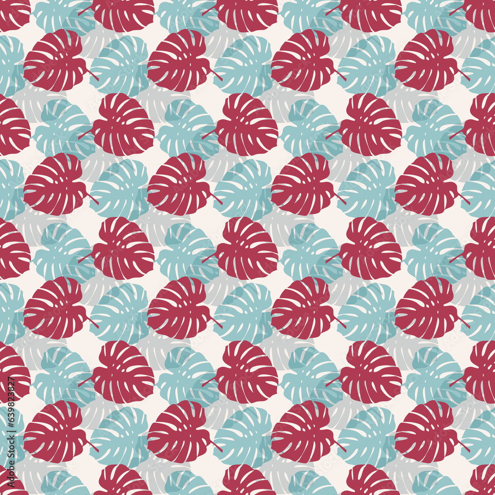 Tropical leaves seamless pattern of Monstera philodendron leaves in pink blue color tone, tropical background. Tropical leaves seamless pattern of Monstera philodendron leaves in pink blue color tone, tropical background.