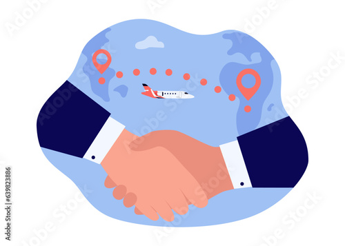 Businessmen shaking hands vector illustration. Partnership of companies from different countries, international trade, plane flying to another continent. Global business, shipping concept
