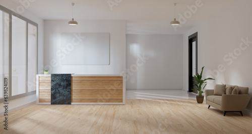 reception desk with mock up frame in customer service area  3d illustration rendering