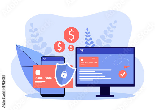 Safe access to money on different devices vector illustration. Smartphone and laptop with banking app and credit card information secured with shield. Online transactions, digital payment concept