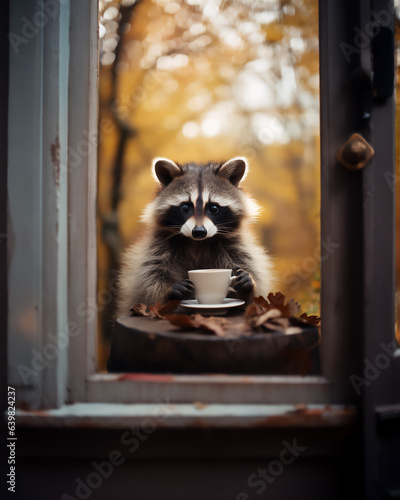 cozy raccoon sipping hot beverage in the forest