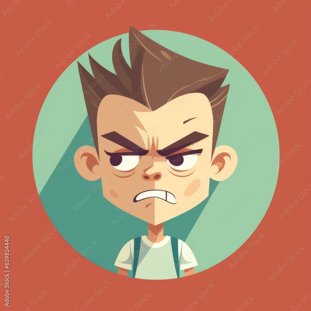 Illustration of an angry boy with furrow brows. Furious little boy without a smile on bright colorful background. Vector illustration of an enraged irritated kid. Flat design of a mad annoyed child. Illustration of an angry boy with furrow brows. Furious little boy without a smile on bright colorful background. Vector illustration of an enraged irritated kid. Flat design of a mad annoyed child.