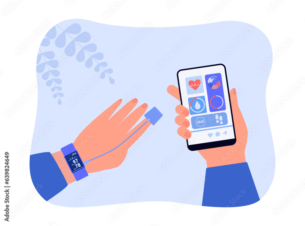 Smart watches with heart rate monitor vector illustration. Hand holding