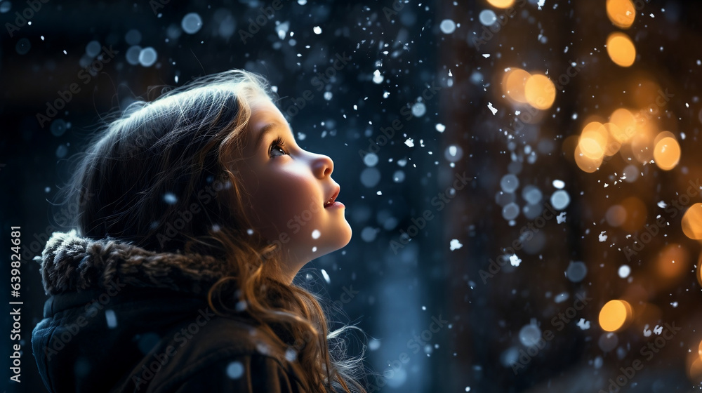 girl looking up at the falling snow, with space for text girl looking up at the falling snow, with space for text