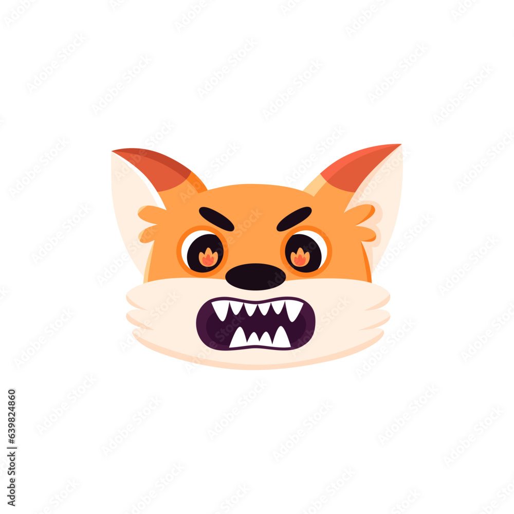 Obraz premium Angry fox face. Animal portrait with fire in your eyes. Aggressive Cartoon character. Flat vector illustration isolated on white background