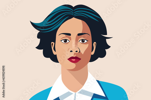 Black woman face and upper body portrait - Vector illustration of female person portrait with serious facial expression short hair and casual clothing. Flat design