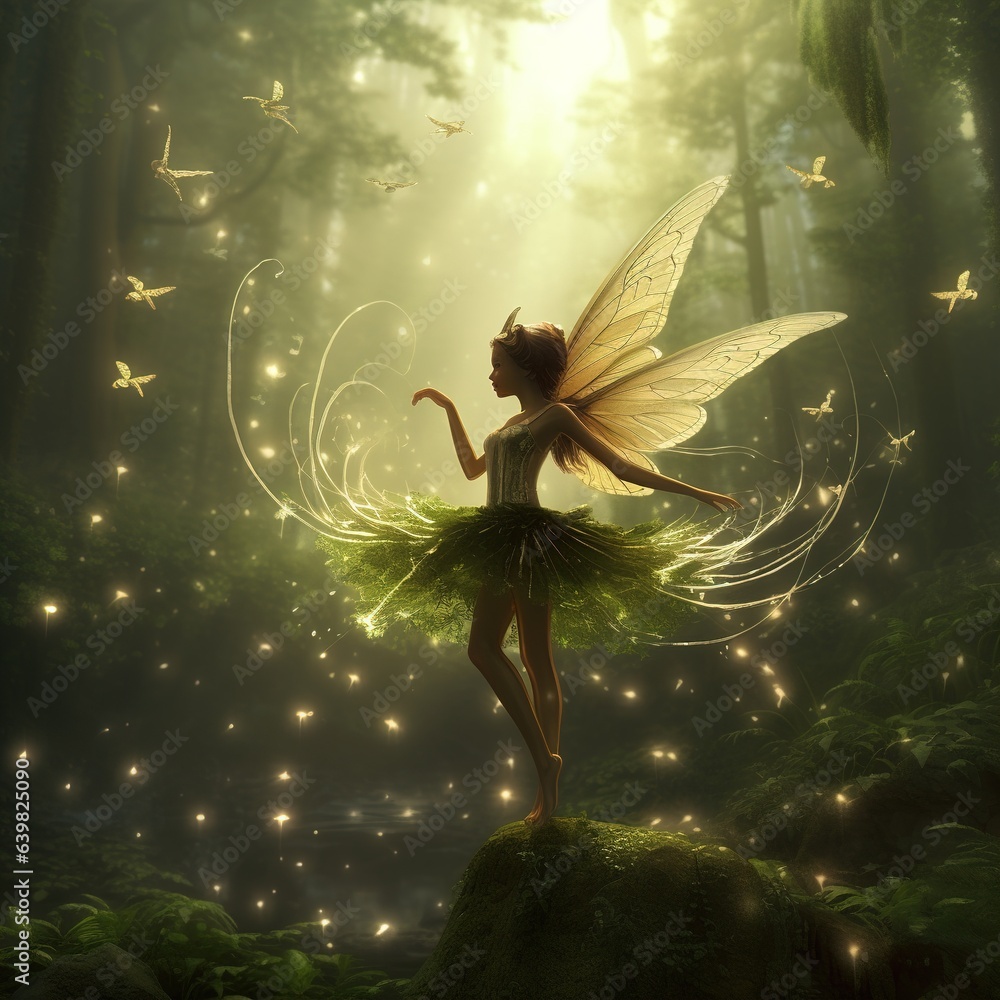 flying fairy with blonde hair and butterfly wings. Generative AI