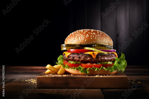 Delicious hamburger with fries, served on wood, with space for text
