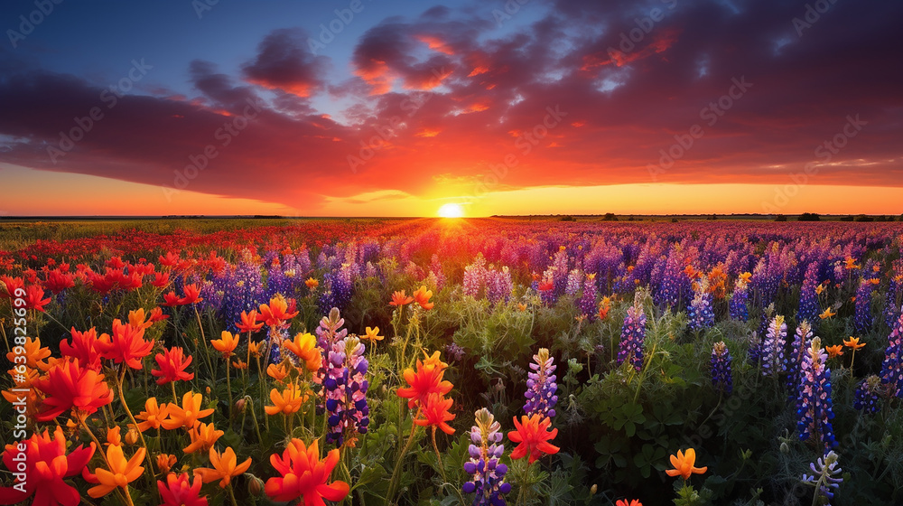 Naklejka premium A vibrant and colorful field of blooming flowers is a sight that ignites the senses and captures the essence of nature's artistry. The landscape comes alive with a symphony of hues, as a tapestry of b