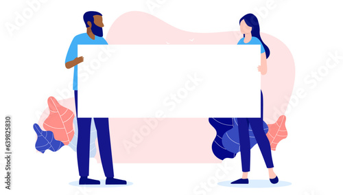 People holding banner template - Illustration of two businesspeople with blank poster sign to insert your own message and text. Flat design vector with white background
