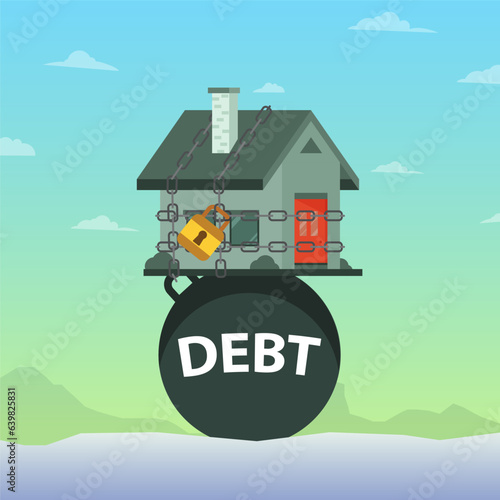House in chain with padlock on DEBT heavy burden design vector illustration