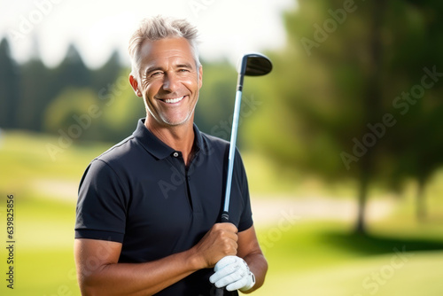 smiling middle aged golfer on golf course. copy space