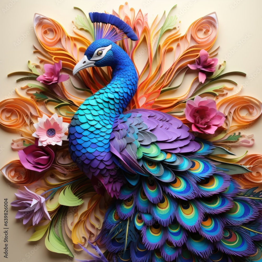 A magnificent peacock, its fan of origami feathers unfolding to reveal a stunning array of iridescent colors and intricate patterns A magnificent peacock, its fan of origami feathers unfolding to reveal a stunning array of iridescent colors and intricate patterns