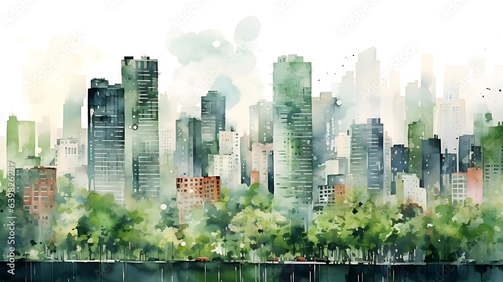 Obraz premium Watercolor landscape urban green city building environment background. 8k resolution