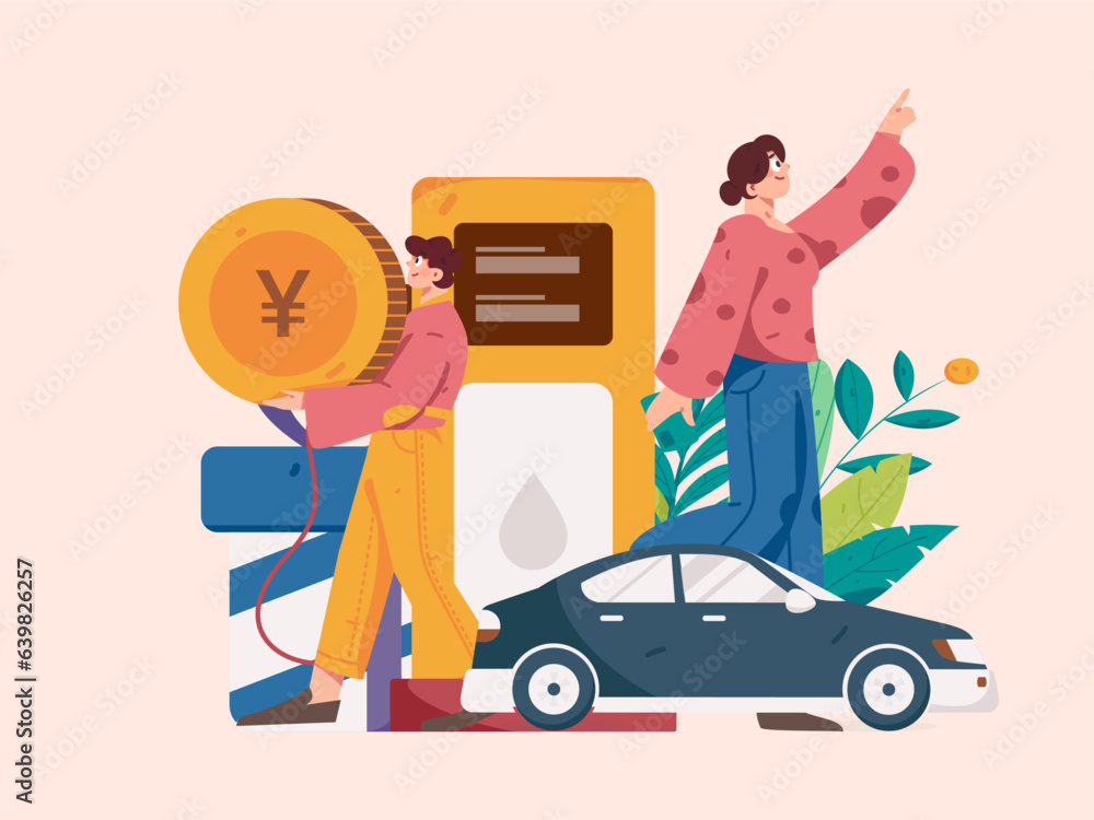 Vector internet operation hand-drawn illustration of people getting discounts for car refueling
