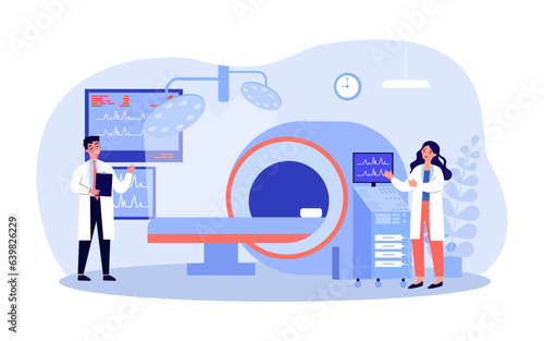 Doctors presenting MRI machine in hospital vector illustration. Health care workers using medical devices and scanners to diagnose and treat people. Diagnostic imaging, medicine concept