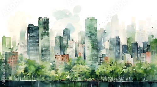 Watercolor landscape urban green city building environment background. 8k resolution