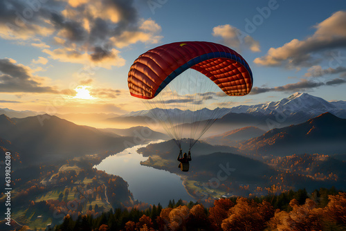 Paraglider flying over the lake at sunset in the mountains