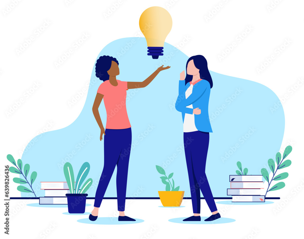 Women with idea - Illustration of two businesswomen coming up with great ideas at work holding big light bulb. Brainstorming concept, flat design vector with white background Women with idea - Illustration of two businesswomen coming up with great ideas at work holding big light bulb. Brainstorming concept, flat design vector with white background