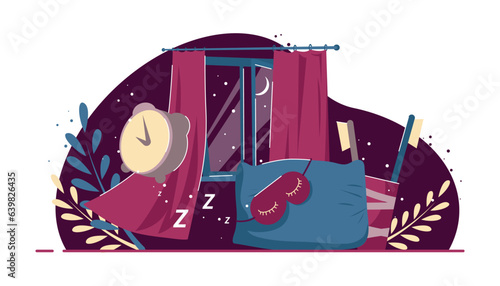 Sleeping accessories in bedroom vector illustration. Cartoon drawing of alarm clock, pillow, sleeping mask, toothbrush holder. Bedtime, nighttime, recreation, sleeping, hygiene concept