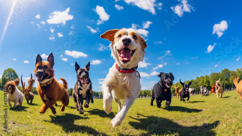 Fotografia A lively and colorful image of a dog park on a sunny day, with dogs of various breeds playing and running freely