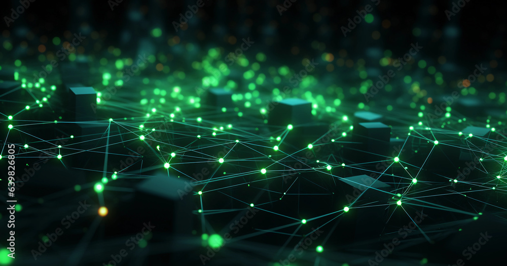 deep learning, neural network visualized as radiant nodes connected with pulsating beams of light, immersive, green on a black background
