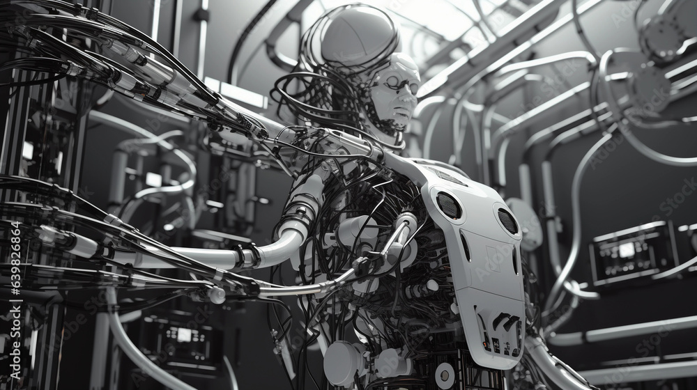 game engine intertwined with a robot model, complex wiring and coding elements, monochromatic scheme, complex, technical game engine intertwined with a robot model, complex wiring and coding elements, monochromatic scheme, complex, technical