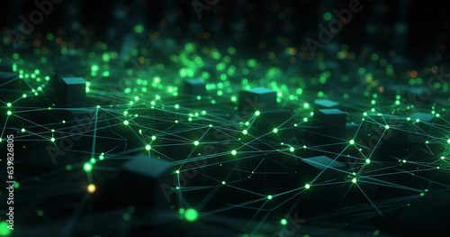 deep learning, neural network visualized as radiant nodes connected with pulsating beams of light, immersive, green on a black background