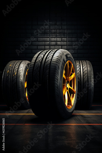 New car tires, with dark background