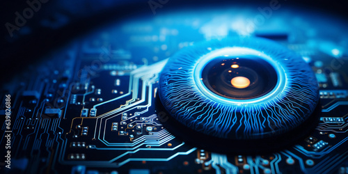 a robot's eye, macro shot, detailed circuits, glowing blue, reflection of a binary code, abstract, deep focus, dramatic lighting