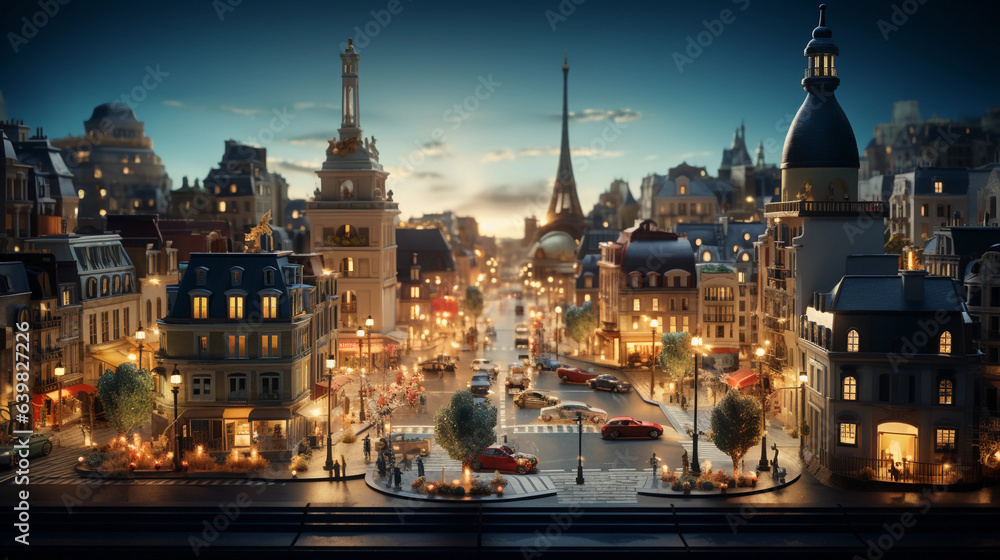 Obraz premium a miniature cityscape, complete with tiny inhabitants and moving vehicles, evening lighting, wide - angle shot