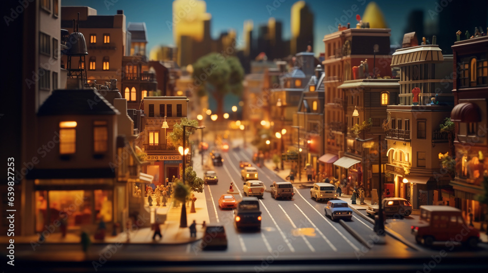 a miniature cityscape, complete with tiny inhabitants and moving vehicles, evening lighting, wide - angle shot