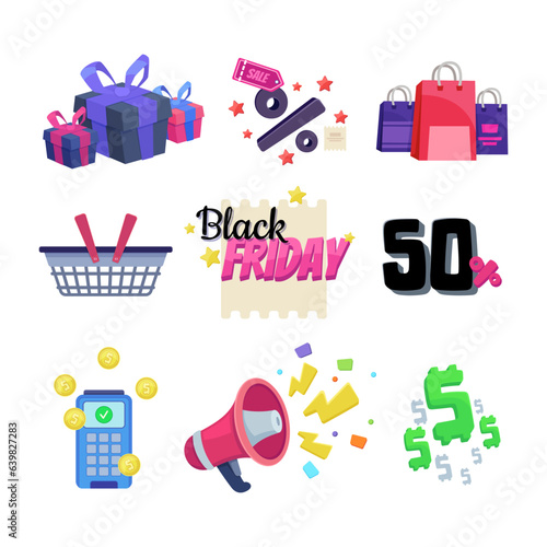 Black Friday promotion elements vector illustrations set. Drawings of gift box, shopping bags and basket, megaphone, discount percentage, payment terminal. Black Friday, sale, shopping concept