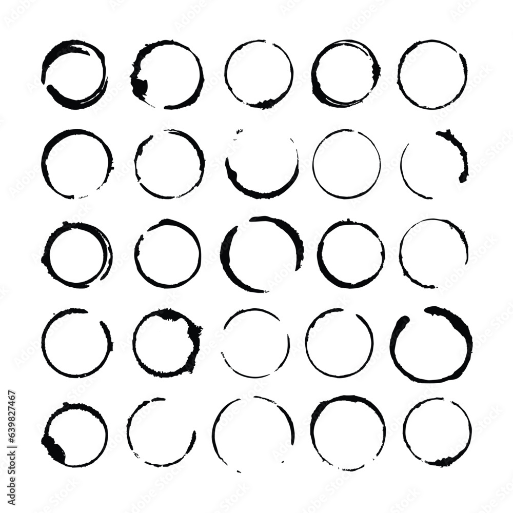Set of grunge brush hand drawn circles and round shapes vector illustrations.