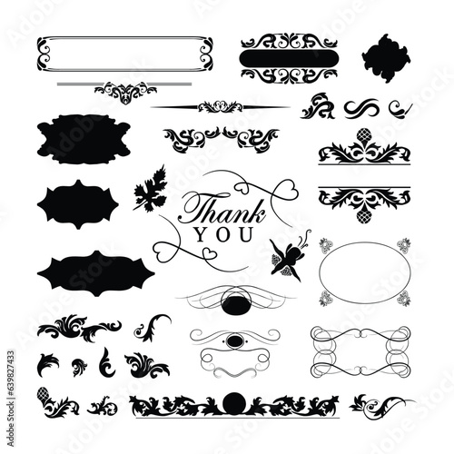 Vintage typographic dividers and floral ornaments design elements set vector illustration. Retro Labels, calligraphic swirls, flourishes ornament vignettes, luxury design tags and others.