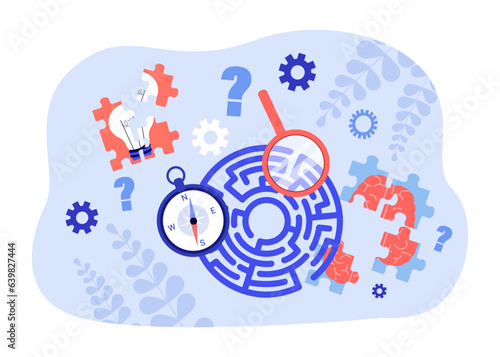 Different puzzles under magnifier vector illustration. Lightbulb and human brain puzzle, maze with compass for problem-solving. Critical thinking, emotional intelligence concept