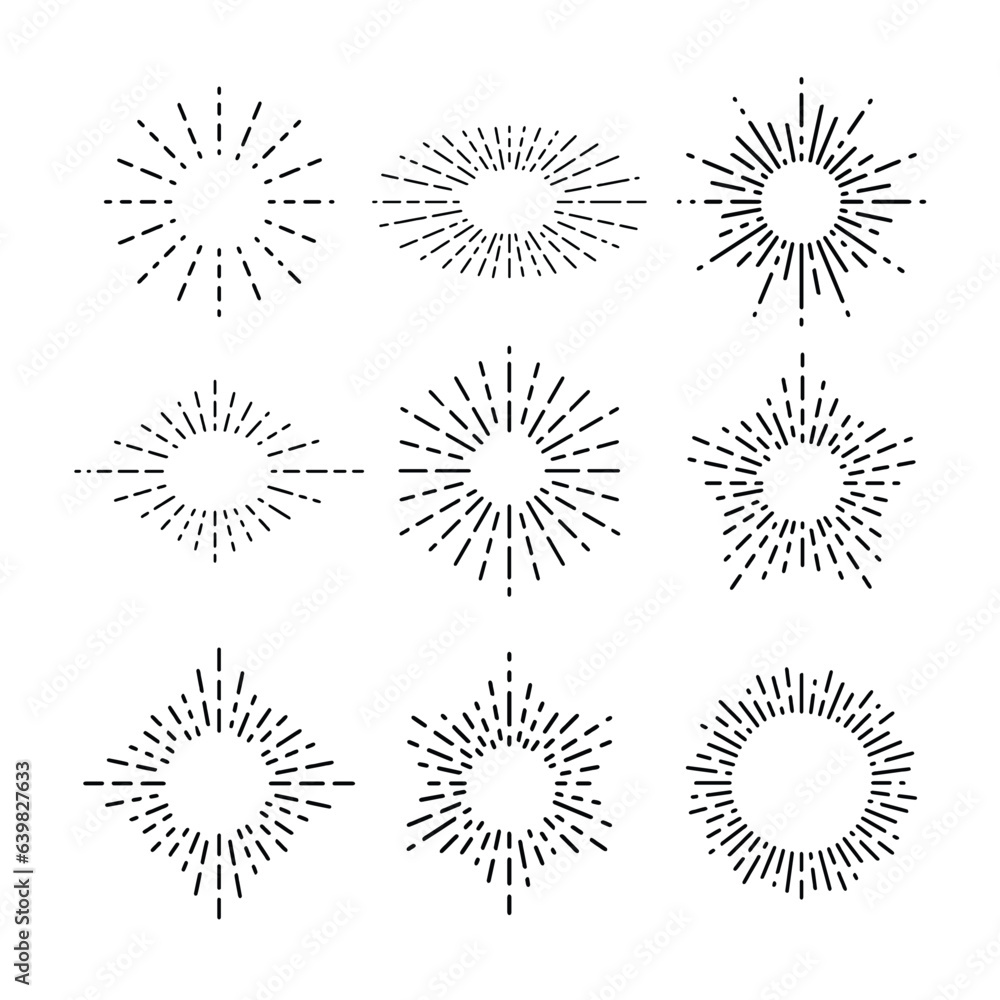 Collection of trendy hand drawn retro sunburst or bursting rays design elements. Set of sunburst icon collection vector. Collection of trendy hand drawn retro sunburst or bursting rays design elements. Set of sunburst icon collection vector.