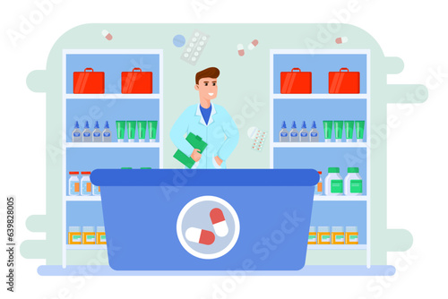 Basket for buying medication in pharmacy vector illustration. Friendly pharmacist selling pills, helping customers choose treatment with prescription. Pharmacy, medicine, health care concept